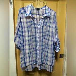 Blue and Purple Sheer Plaid Button-Up Shirt Sz Large